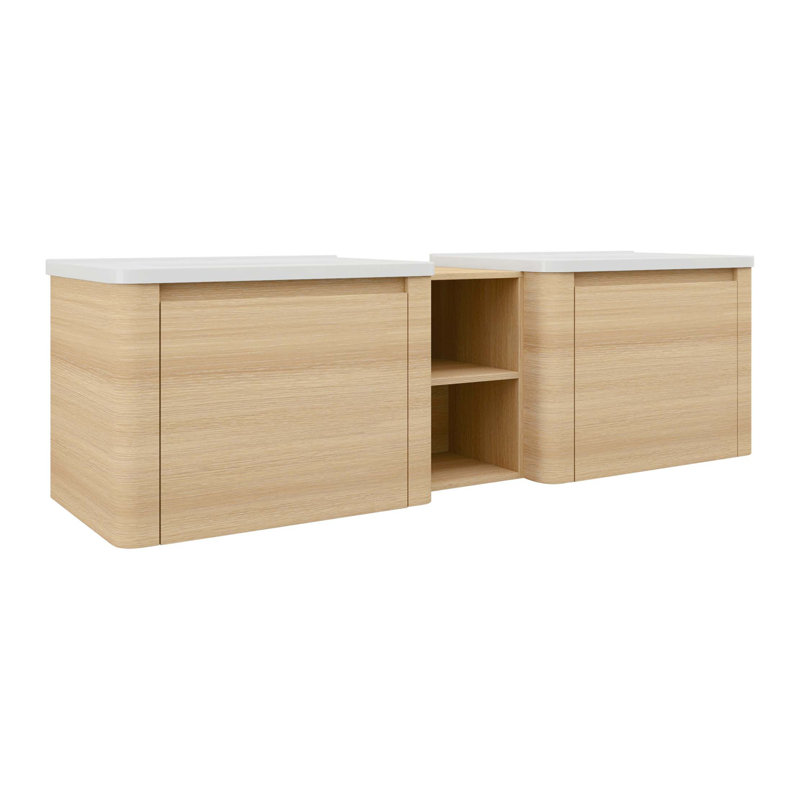 Ensemble de meuble-lavabo mural 68 po avec lavabo en céramique, tablettes de rangement et 2 portes à fermeture en douceur
