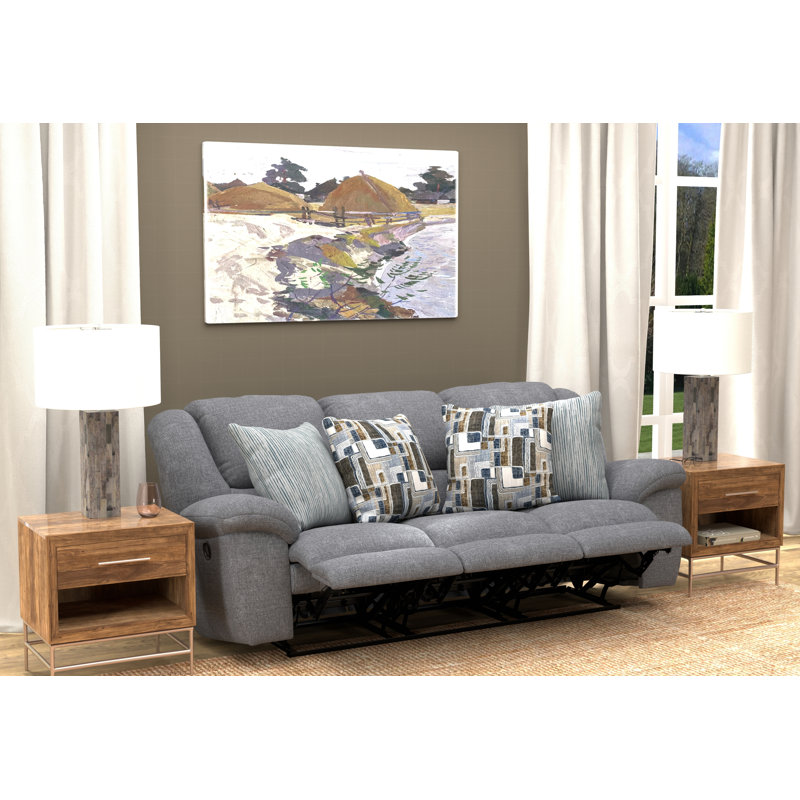 Trifecta Reclining Sofa with 3 Reclining Seats and Drop Down Table, Blue/Gray