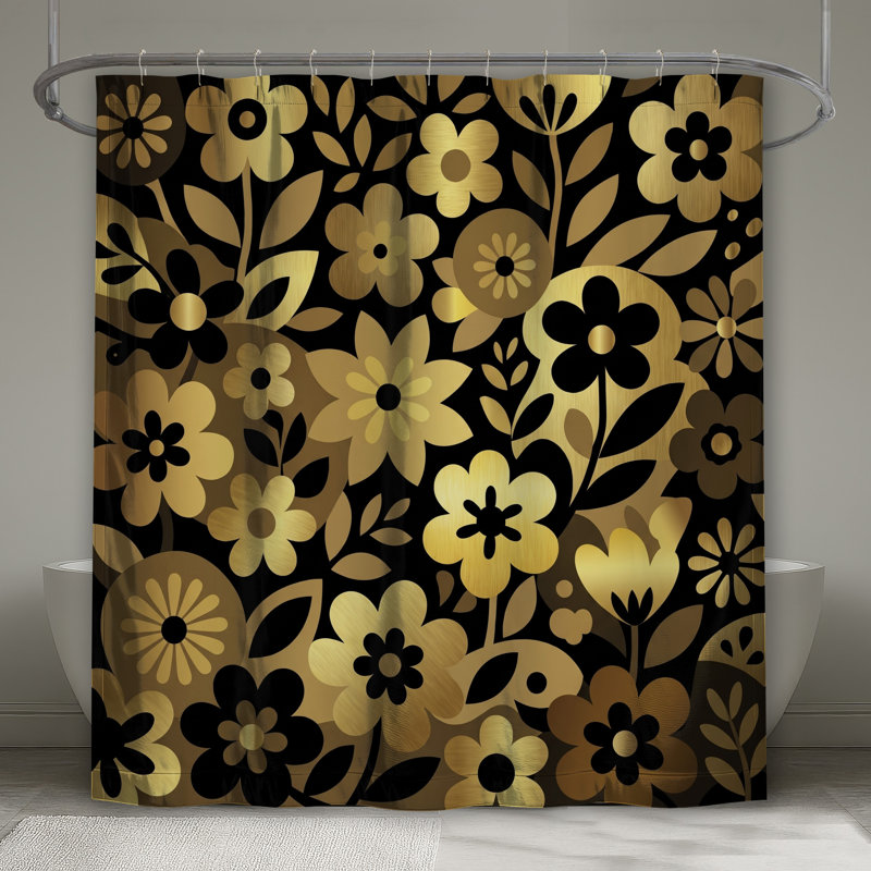 Rideaux de douche extra longs à motifs floraux et botaniques, L 70 po x H 84 po, Dark Black Medium Gold