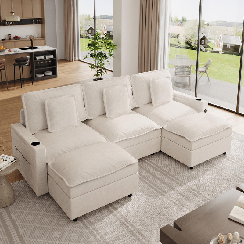 Canapé modulaire en forme de U 108 po avec siège profond, accoudoirs de rangement, ports USB et porte-gobelets 108 po - Chenille beige
