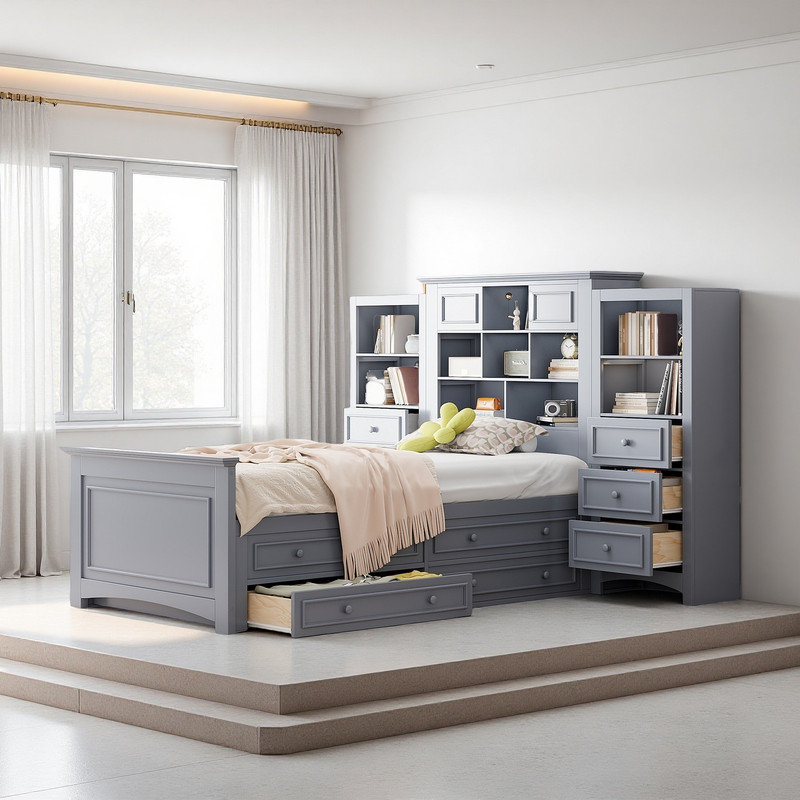 Lit plateforme simple avec bibliothèque et tiroirs, gris