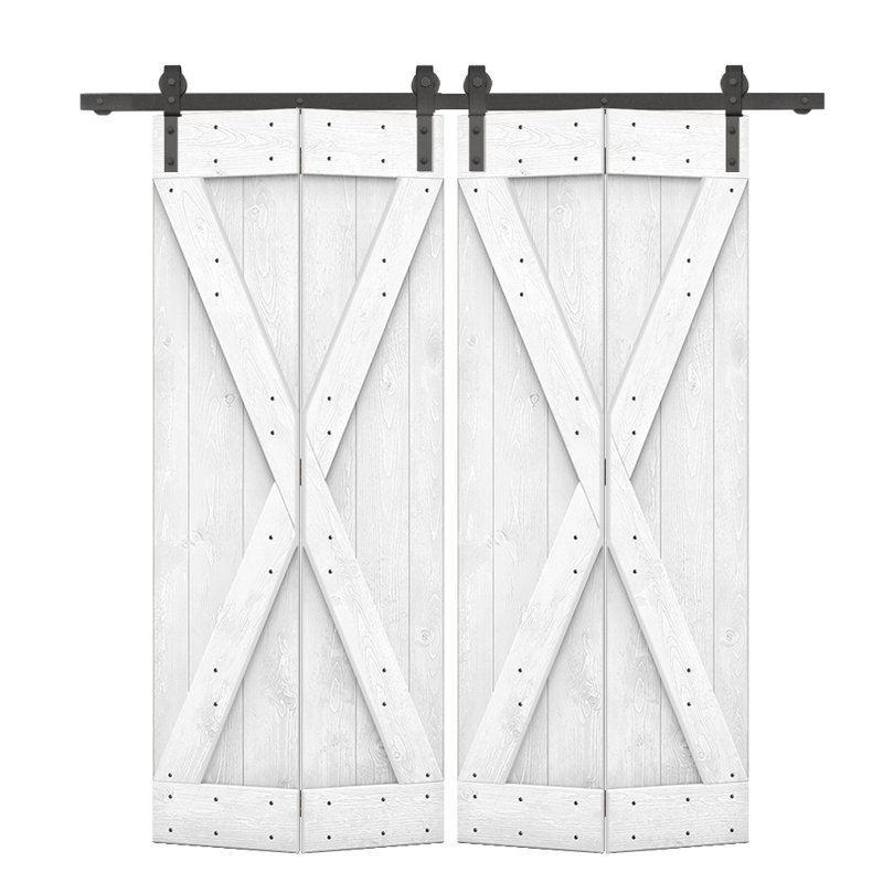 Porte de grange pliante pré-assemblée en bois avec quincaillerie coulissante, Blanc, 72" x 84"
