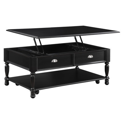 Classic Design Black Finish Lift Top Cocktail Table With Casters And Bottom Shelf For Traditional Living Rooms