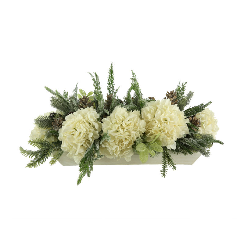 Snowy Evergreen and Hydrangea Holiday Centerpiece