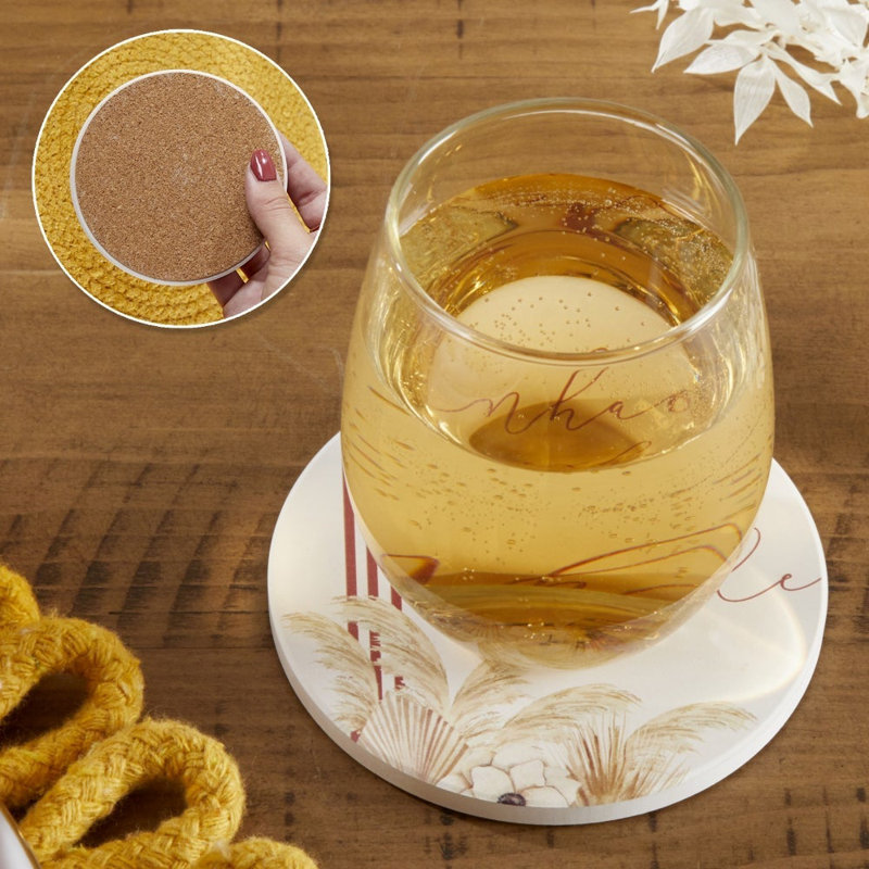 Boho Ceramic Round Coaster Set with Metal Holder, 4 Inches