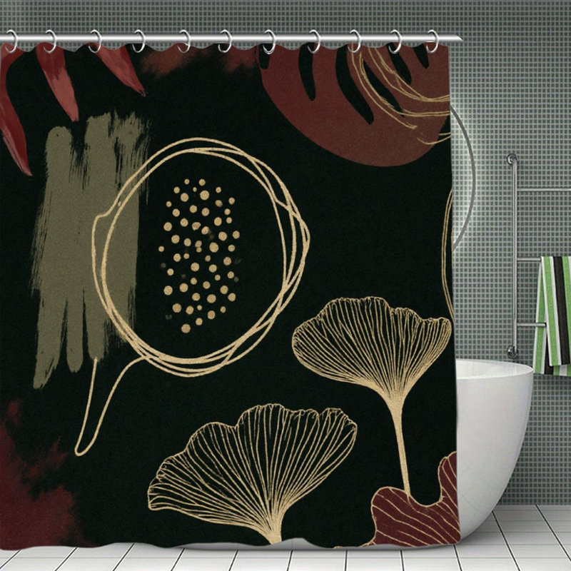 Rideaux de douche Ginkgo rouge foncé avec lignes dorées, 71 x 71, Noir