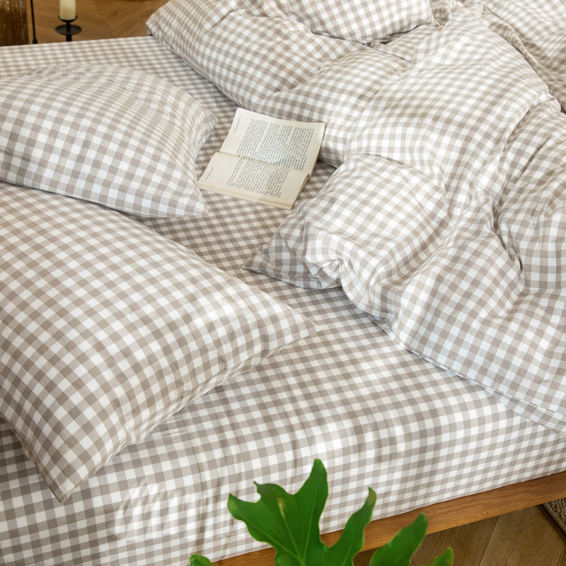MooMee Gingham Duvet Cover Set 100% Washed Cotton Linen Like Lightweight, Tannish Linen Gray