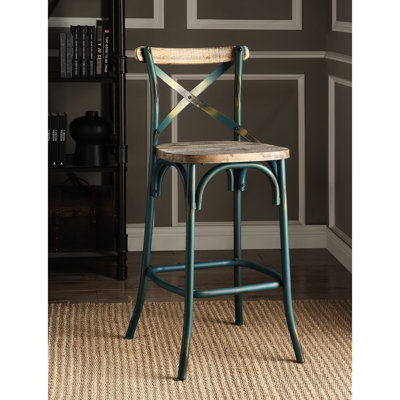 Tabouret de bar à dossier croisé turquoise et chêne antique