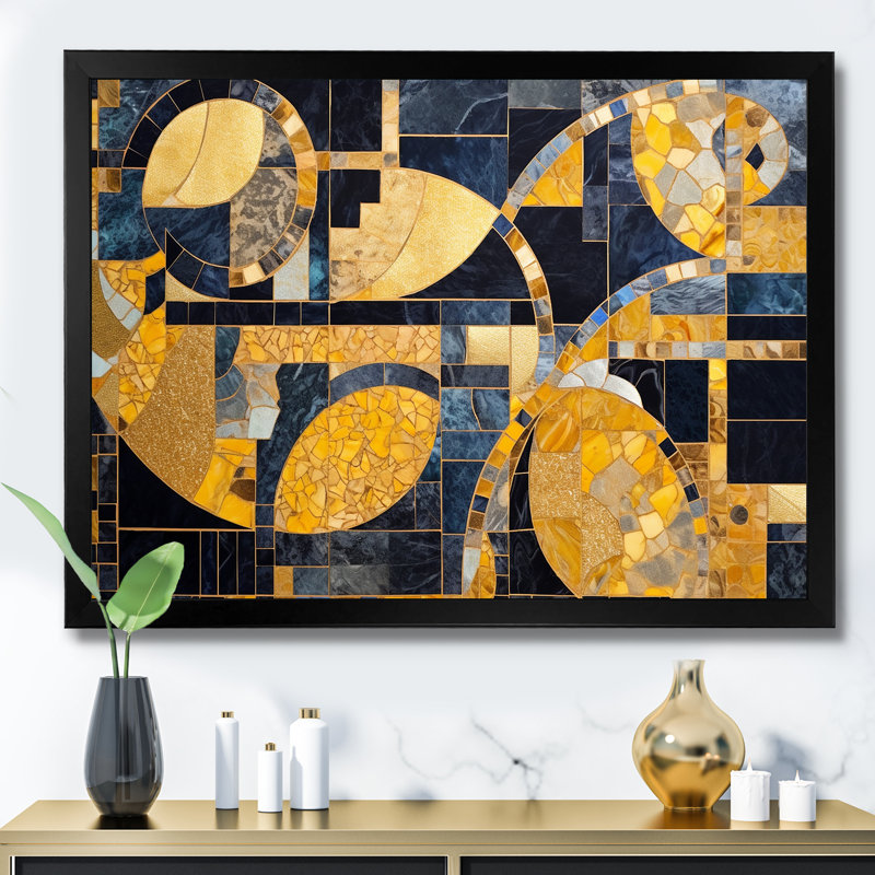 Mosaïque abstraite bleue et dorée sur toile, Cadre simple noir, H 16 po x l 32 po x P 1 po