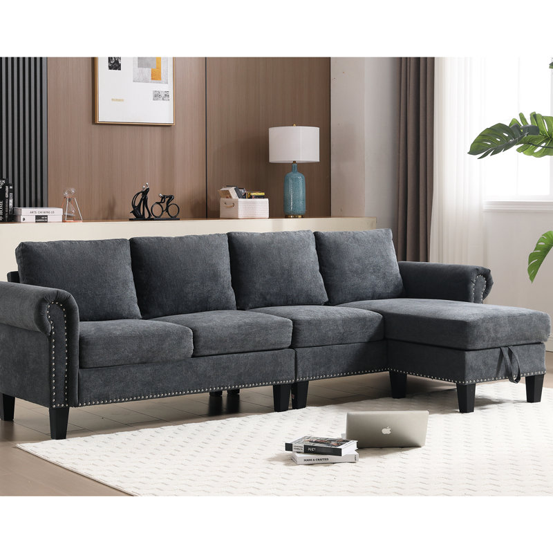 Canapé modulaire gris avec espace de rangement, 4 places, design convertible, revêtement, rangement en tissu de lin moderne à structure en bois, incontournable du salon