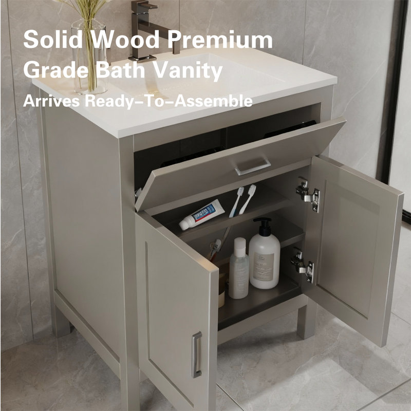Meuble-lavabo autoportant en bois massif 24 po gris clair de qualité professionnelle avec tiroir en contreplaqué 