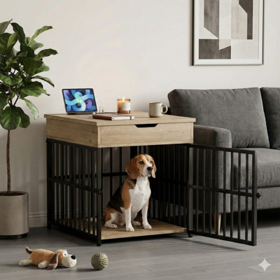 Dog Crate Furniture For Small Dogs, Wooden Dog Kennel With Flip Top Drawer, Indoor Pet Crate End Table With Charging Station, Steel-Tube Dog Cage, Gray