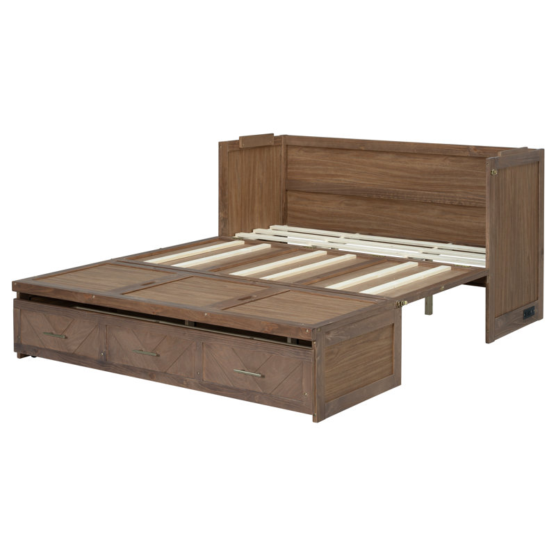 Grand lit escamotable en bois de pin avec charge USB intégrée et panneau géométrique - Brun, Walnut