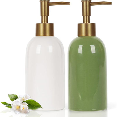 2PC 14OZ Distributeur de savon en céramique Distributeur de savon en céramique peut remplir le liquide pour la salle de bain / cuisine (blanc + vert)
