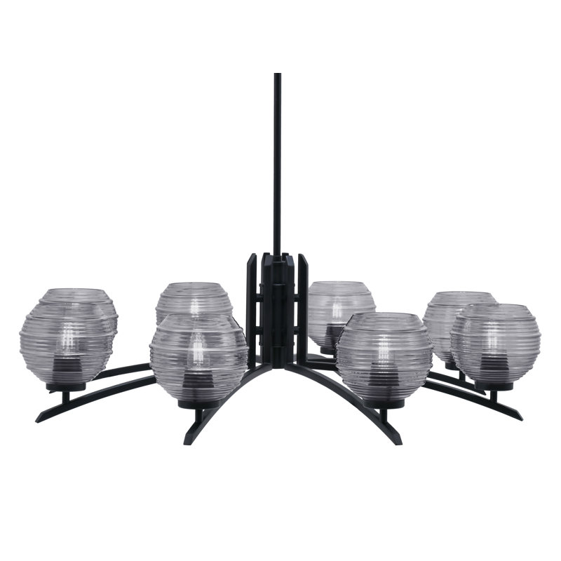 Lustre 8 lumières Kurve illustré en finition noir mat avec verre nervuré de 6 po, Fumée