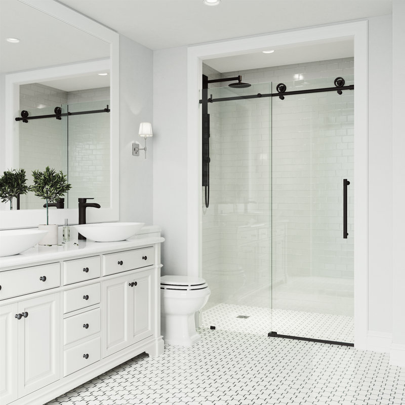 Cass 56-60" W x 76" H Sliding Frameless Shower Door with 3/8" Clear Glass, Matte Black