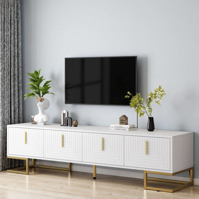 Meuble télé 70,8 po avec poignées dorées et pieds en métal pour téléviseur de 80 po ou moins | Console multimédia de luxe avec portes à lignes géométriques et tablettes réglables | Meuble audio-vidéo pour le salon ou le cinéma maison