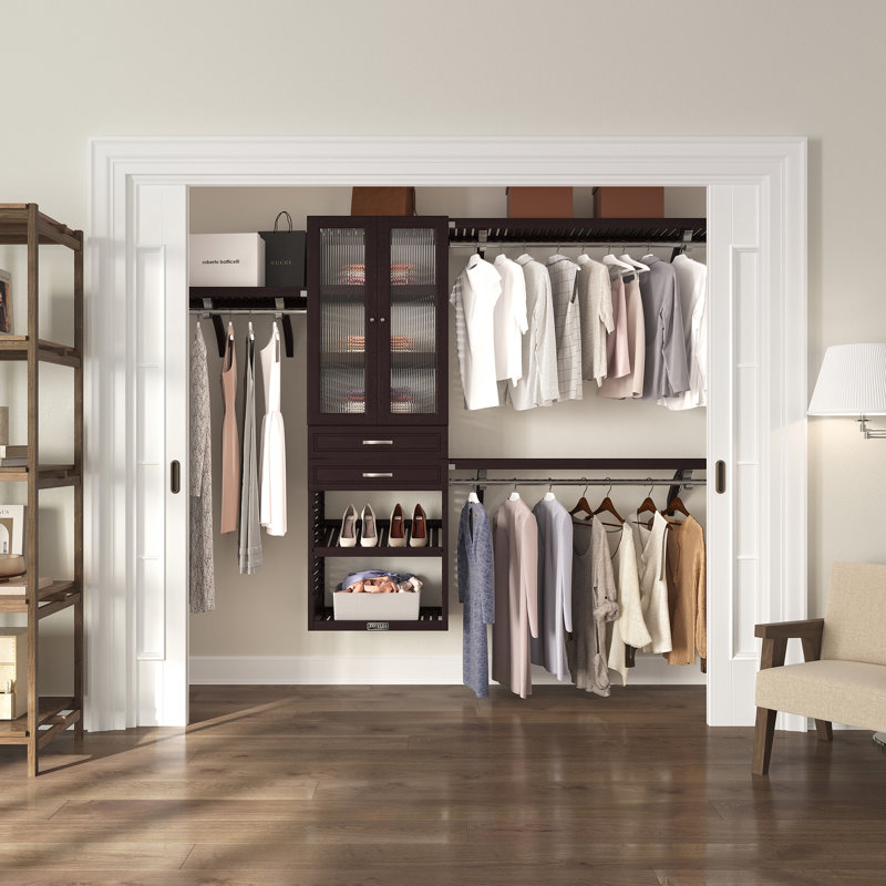 John Louis Home Solid Wood Walk-In Closet System with 2-Drawers and Glass Doors, Espresso