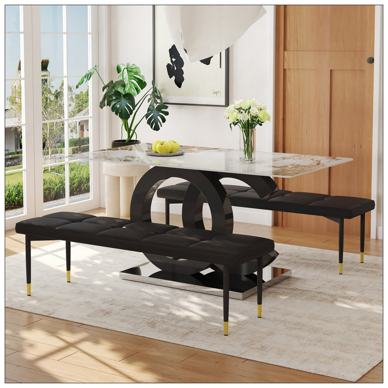 Table And Chair Set.63*31.5 Inch Pandora Pattern Sintered Stone Dining Table Set,MDF Material OC Shaped Bracket,Paired With 2 Benches,A Choice Of Subtle Luxury For Modern Homes.