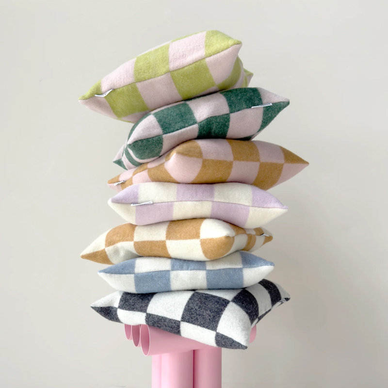 CHECKERBOARD Wool Lumbar Pillow Cover, Kiwi/Pink