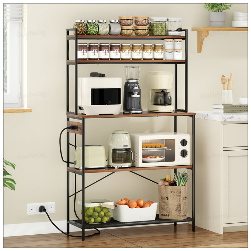 Grand support de boulanger à 5 niveaux avec prises électriques, support pour micro-ondes et bar à café, rangement de cuisine
