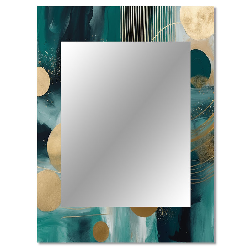 Vive, émeraude et contours dorés cercles V - miroir décoratif de formes abstraites, miroir mural moderne, impression d'art en métal