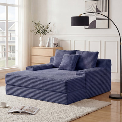 Jocelyn 65.4" Oversized Indoor Chaise Lounge Chair with 3 Pillows, Upholstered Sleeper Sofa Bed for Living Room, Bedroom and Media Room, No Assembly Required,Blue