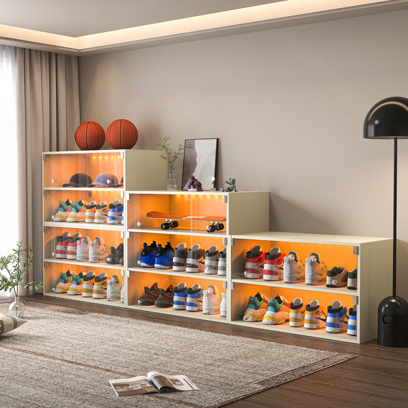 Off White Glass Door Shoe Box Shoe Storage Cabinet For Sneakers With RGB Led Light, Off White