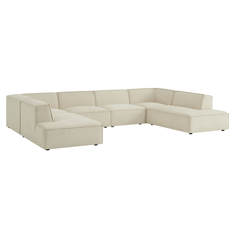 Canapé modulaire rembourré en U de performance 6 pièces Bange, Tissu écru