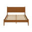 Lit plateforme grand Mid-Century avec finition en chêne, tête de lit haute pour un confort moderne, pieds ronds fuselés, ambiance de chambre à lattes
