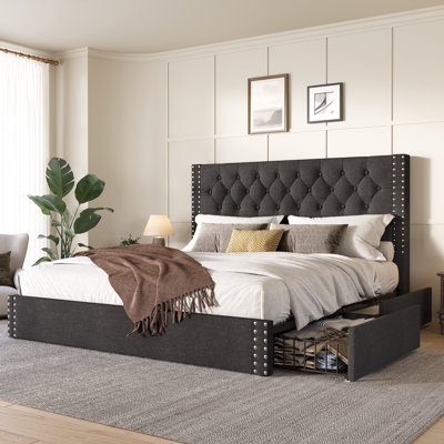Kevyon Upholstered Platform Bed with Storage, King Bed with Headboard