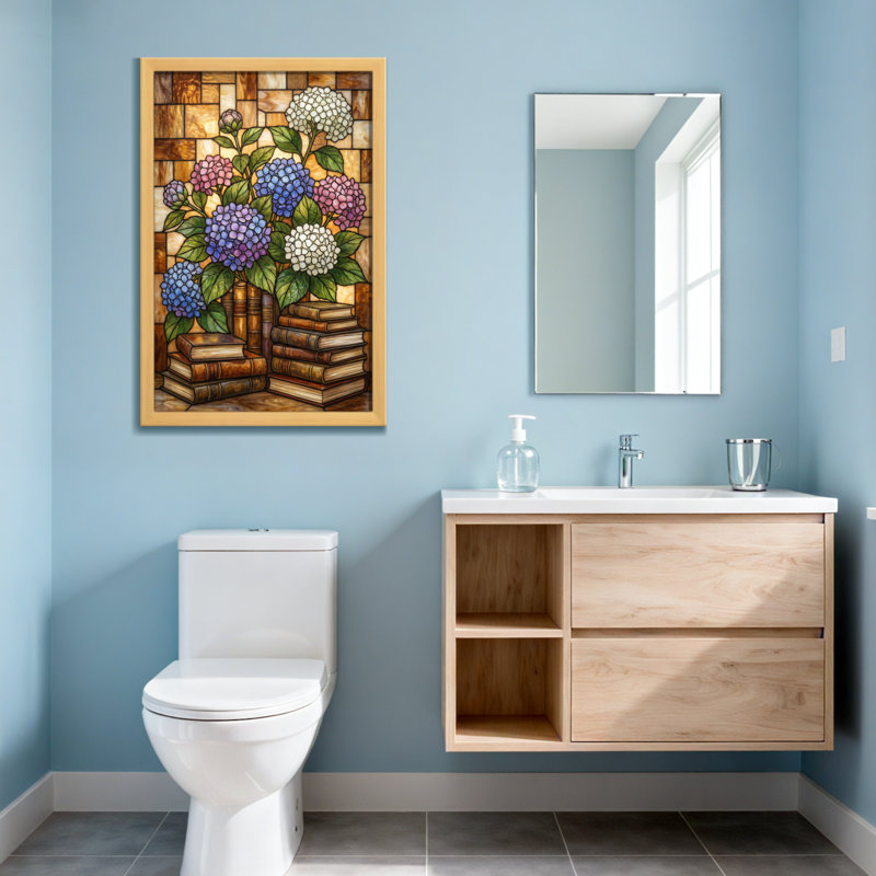 Plantes et fleurs, vitrail, fleurs, livres, fond, H 12 po x l 18 po, Grain de bois clair