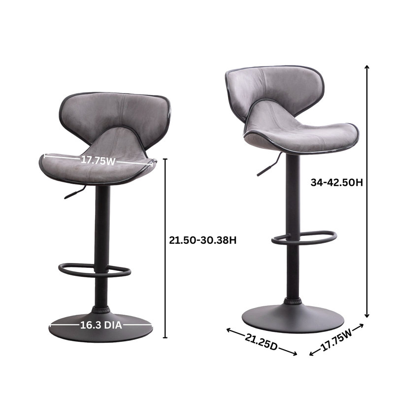 Masaccio Weathered Upholstery Airlift Adjustable Swivel Barstool With Chrome Base, Set Of 2, Gray
