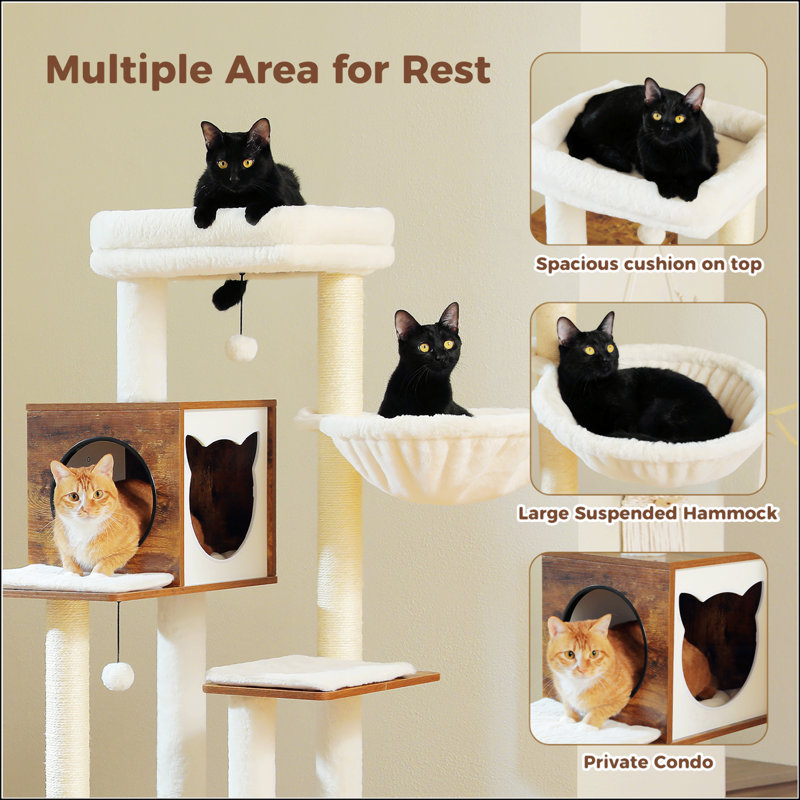 57.5" Brown Wooden Cat Tree with Litter Box Enclosure