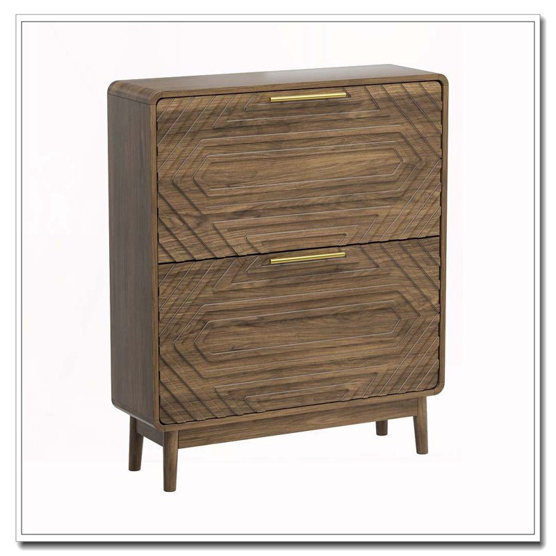 31.5" Walnut Shoe Cabinet, Mid-Century Modern Freestanding Shoe Cabinet, Freestanding Organizer With 2 Flip-Top Drawers