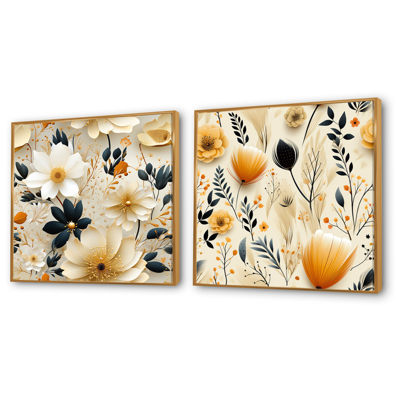Balsamine - ensemble de 2 collages floraux carrés, H 16 po x l 33 po, Cadre flottant doré