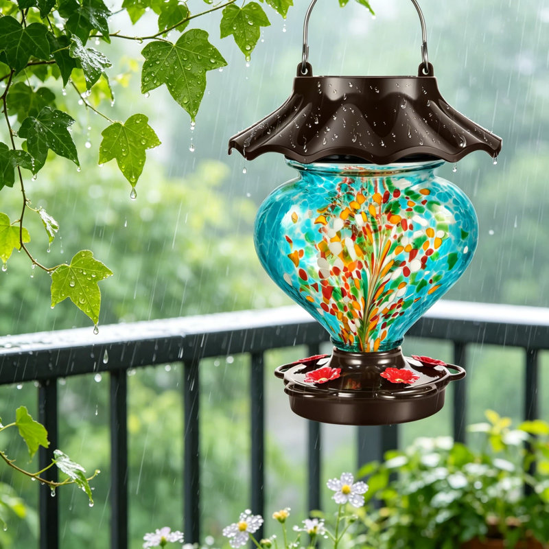 Mangeoire solaire pour colibris à suspendre à l'extérieur, en verre soufflé à la main en forme de cœur 33 oz, étanche et antirouille, décoration de jardin éclairée à DEL avec 2 crochets