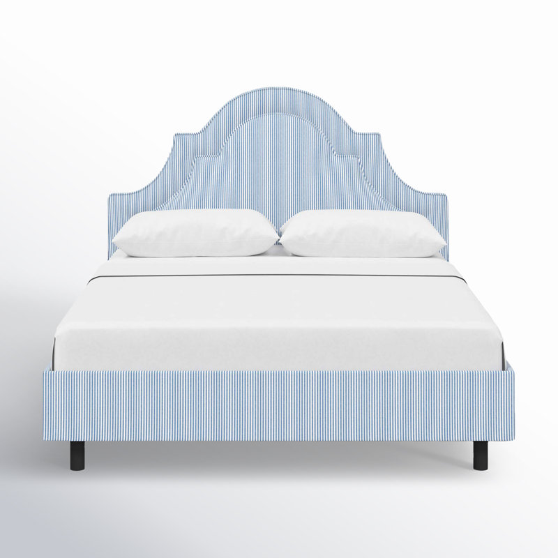 Knipe Upholstered Scalloped Bed, Prep Stripe Blue, Queen