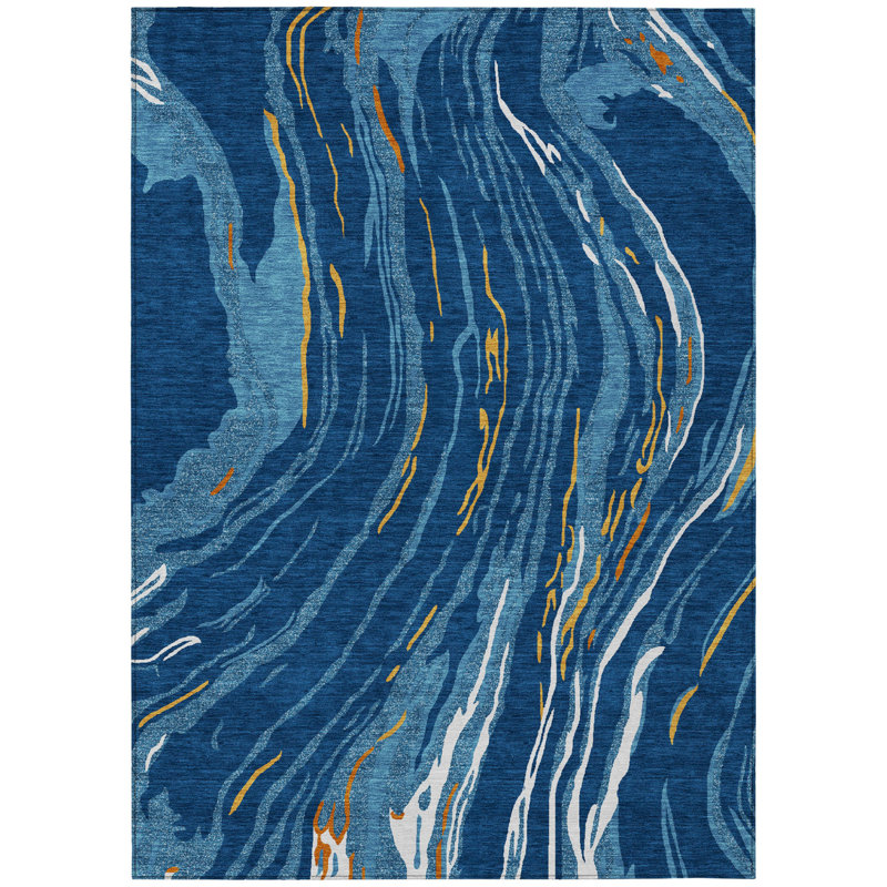 3' X 5' Navy Blue Gold And Copper Abstract Washable Indoor Outdoor Area Rug