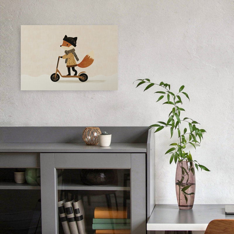 Cute Fox Winter Ride Playful Whimsical Abstract Fox Winter Forest Wall Art Print by Mathieu - Wrapped Canvas Print