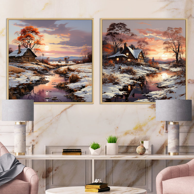 «Sunrise Winter Country Panorama», 2 pièces, Cadre flottant brun, H 36 po x l 73 po