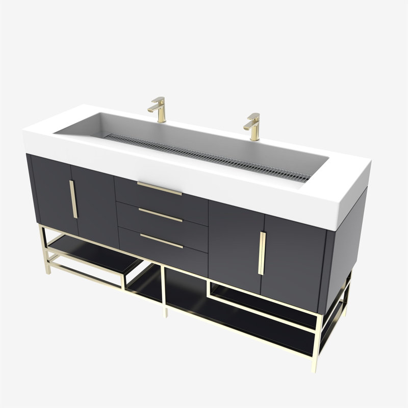 Ensemble de meuble-lavabo double l 59,45 po x P 19,75 po x H 36 po Ivanees Blossom, Gris brillant