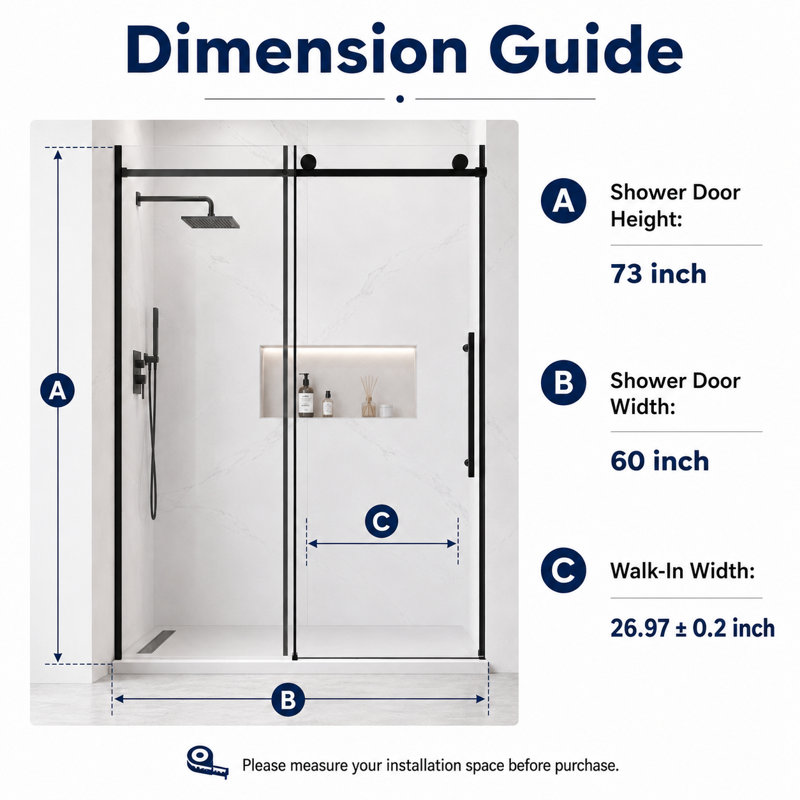 60" x 73" Soft Closing Sliding Frameless Shower Door, 8mm Easy-Clean Explosion-Proof Glass, Matt Black