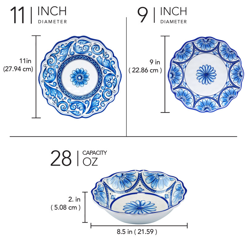Blue and White Floral Melamine Dinnerware Set, Service for 4
