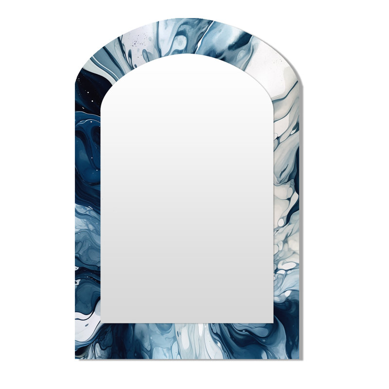 Blue Grey Ethereal Elixir I - Abstract Asymmetrical Decorative Mirror, Modern Arch Large Wall Mirror, Printed Metal Art