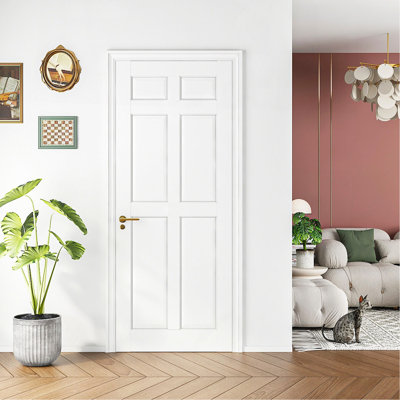 32" X 80" Primed Slab Door 6-Panelled Solid Core Wood Standard Door For Pantry Doors, French Doors, Pocket Doors Without Hardware Kit
