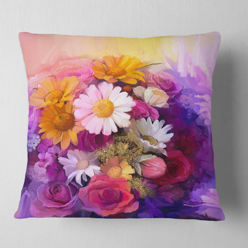 Coussin floral avec bouquet de fleurs différentes, 16 po x 1 po, Carré