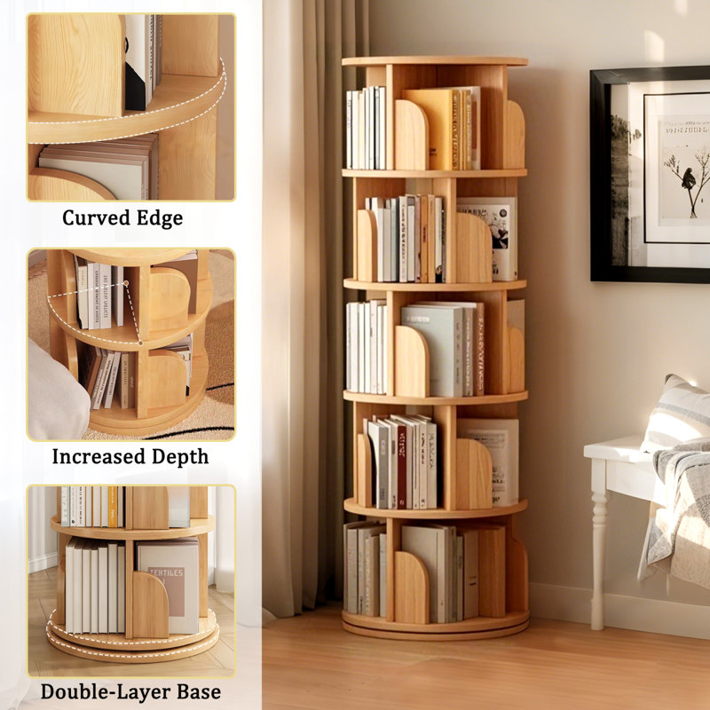 Space-saving 5 Tier Mdf Round Bookshelf For Bedrooms And Living Rooms - 360° Rotating Elegant Modern Design
