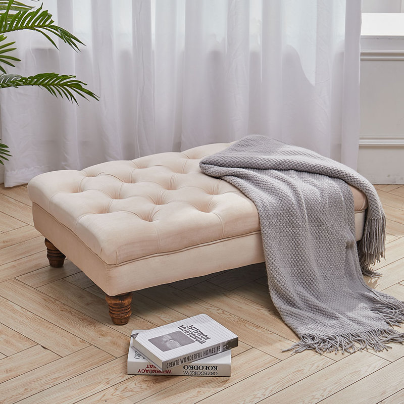 90cm Wide Velvet Tufted Rectangle No Pattern Standard Ottoman, Beige