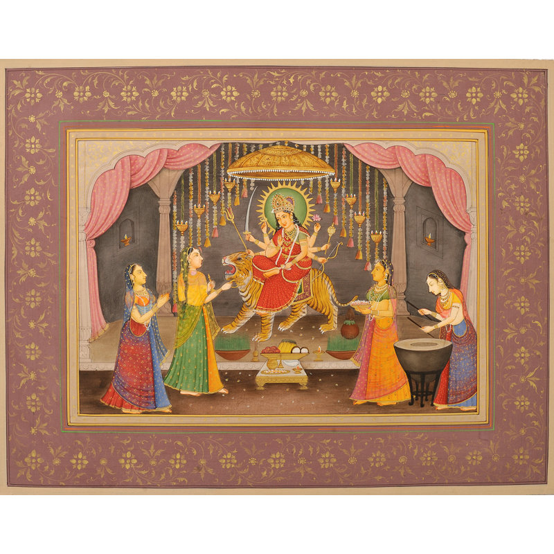 Durga Pooja avec des dévots | Couleur de pierre sur papier